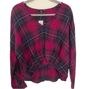 Express Flowing Red/blue Plaid Crop Blouse Size XS